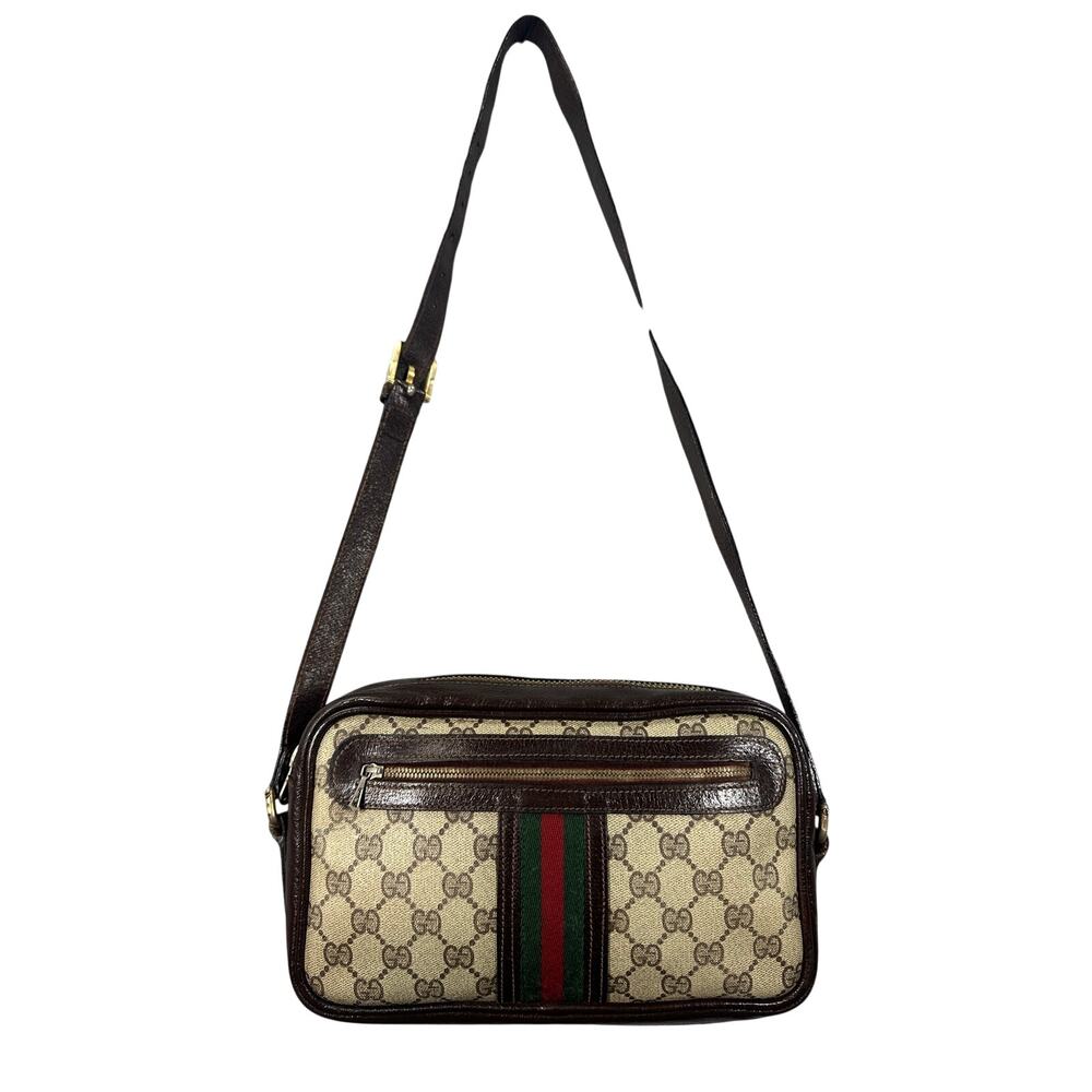 Gucci Camera Bag GG Monogram Canvas Web Stripe Brown Leather Crossbody Vintage
